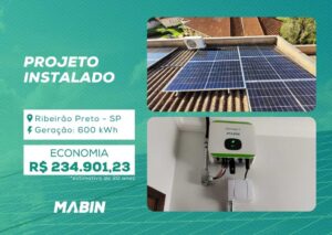Projeto realizado pela MABIN Energia Solar em Ribeirão Preto/SP, com capacidade instalada de 5,64 kWp, 12 módulos 470 W e 1 inversor 5 kW.