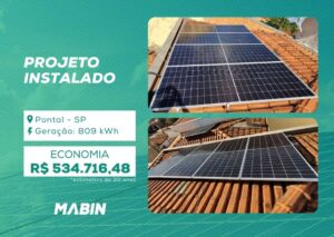 Projeto realizado pela MABIN Energia Solar em Pontal/SP, com capacidade instalada de 8,05 kWp, 14 módulos 575 W e 1 inversor 6 kW.