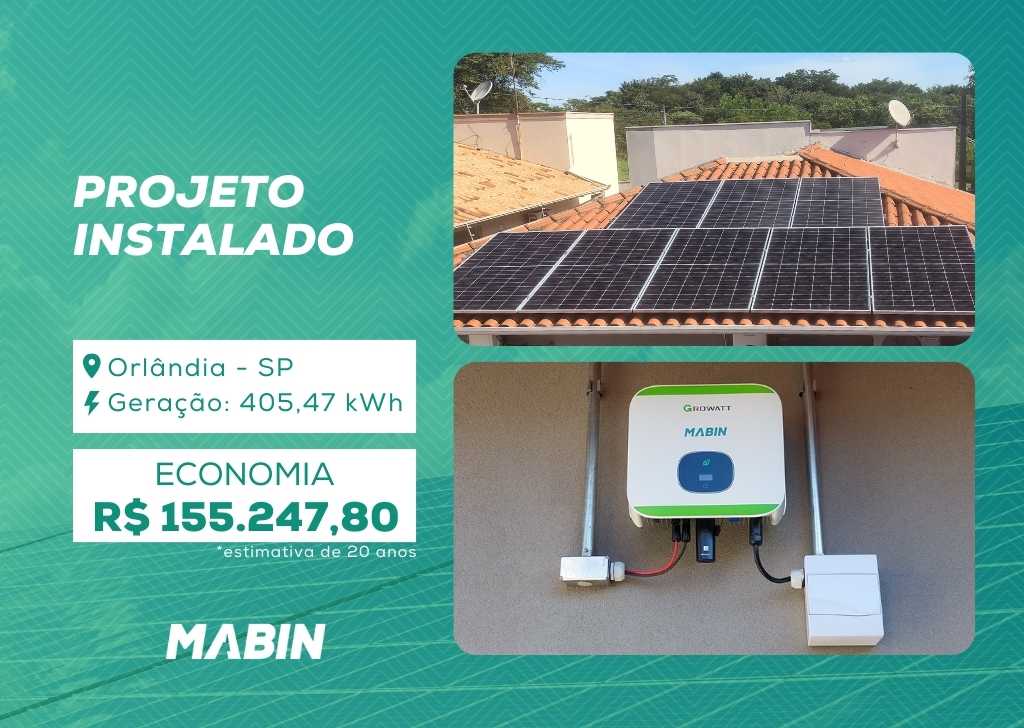 Projeto realizado pela MABIN Energia Solar em Orlândia/SP, com capacidade instalada de 3,76 kWp, 08 módulos 470 W e 1 inversor 5 kW.