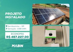 Projeto realizado pela MABIN Energia Solar em Sertãozinho/SP, com capacidade instalada de 9,40 kWp, 20 módulos 470 W e 1 inversor 8 kW.