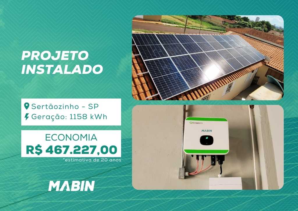Projeto realizado pela MABIN Energia Solar em Sertãozinho/SP, com capacidade instalada de 9,40 kWp, 20 módulos 470 W e 1 inversor 8 kW.