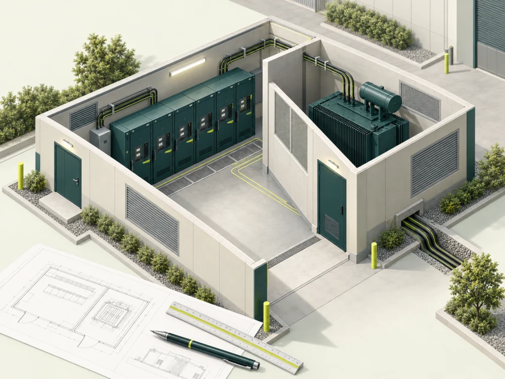 Ilustração conceitual de cabine primária, com painéis de média tensão, área de transformação e planejamento técnico.