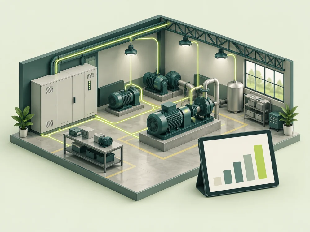 Ilustração conceitual de eficiência energética para operações industriais e comerciais.
