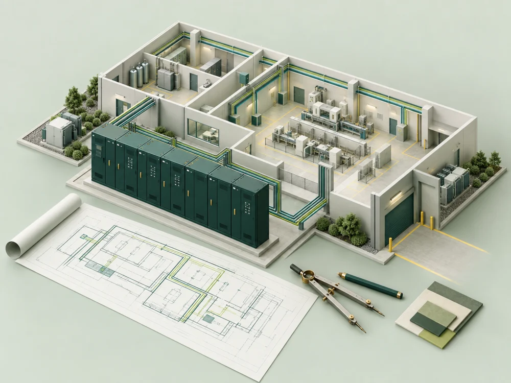 Ilustração conceitual de planejamento elétrico industrial, com painéis, rotas de distribuição e desenho técnico.