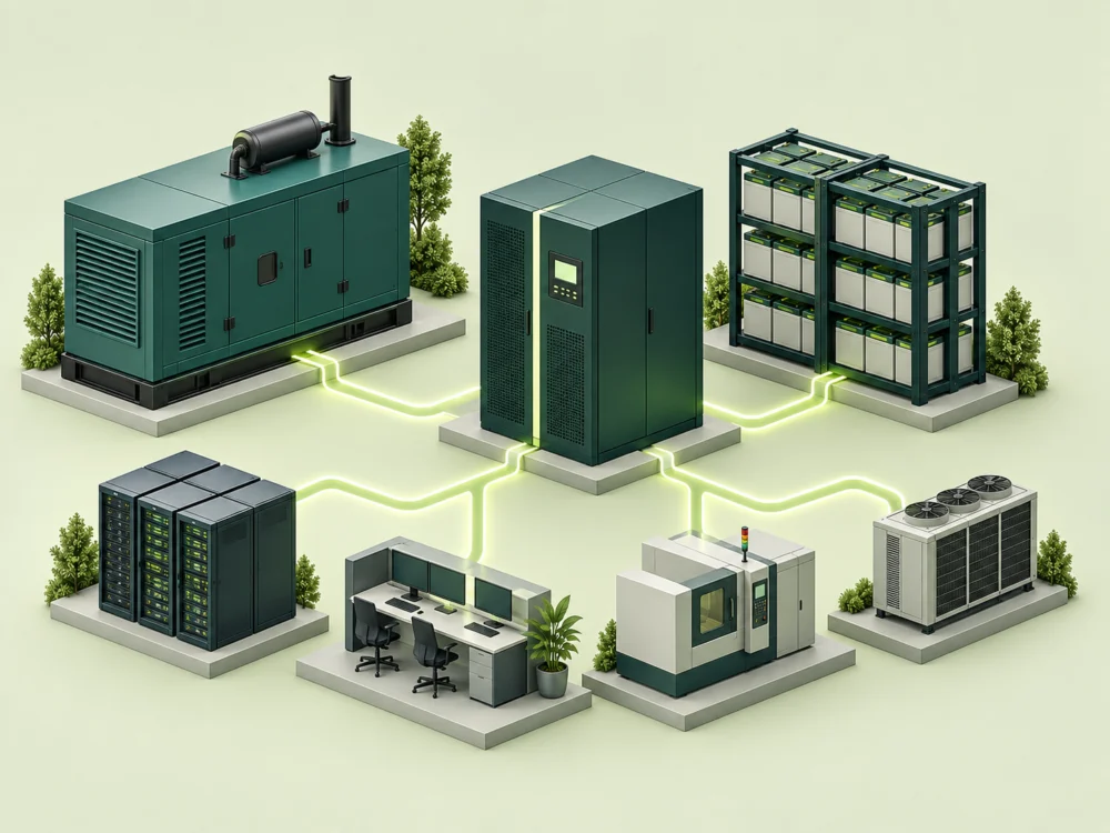 Ilustração conceitual de sistemas de backup para operações industriais e comerciais.