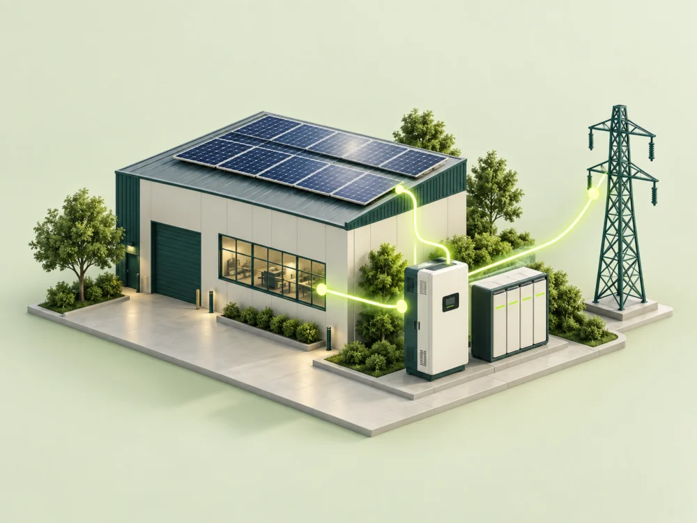 Ilustração conceitual de sistemas híbridos para operações industriais e comerciais.