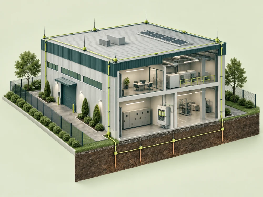 Ilustração conceitual de spda para operações industriais e comerciais.